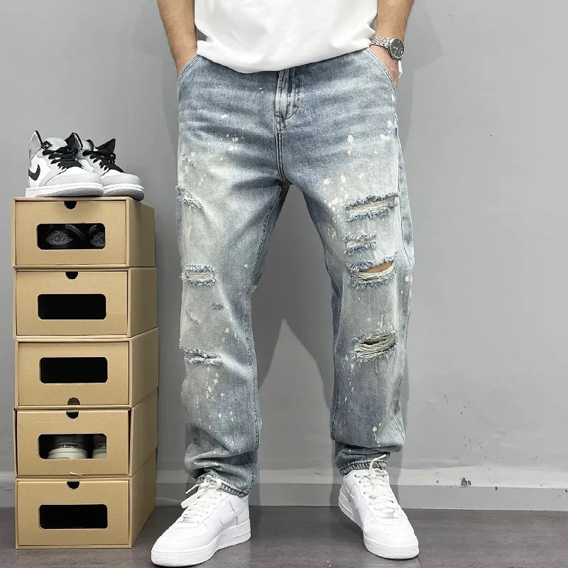 High Street Ink Splashed Hole Jeans Men's Thin Washed Personality Loose Beg