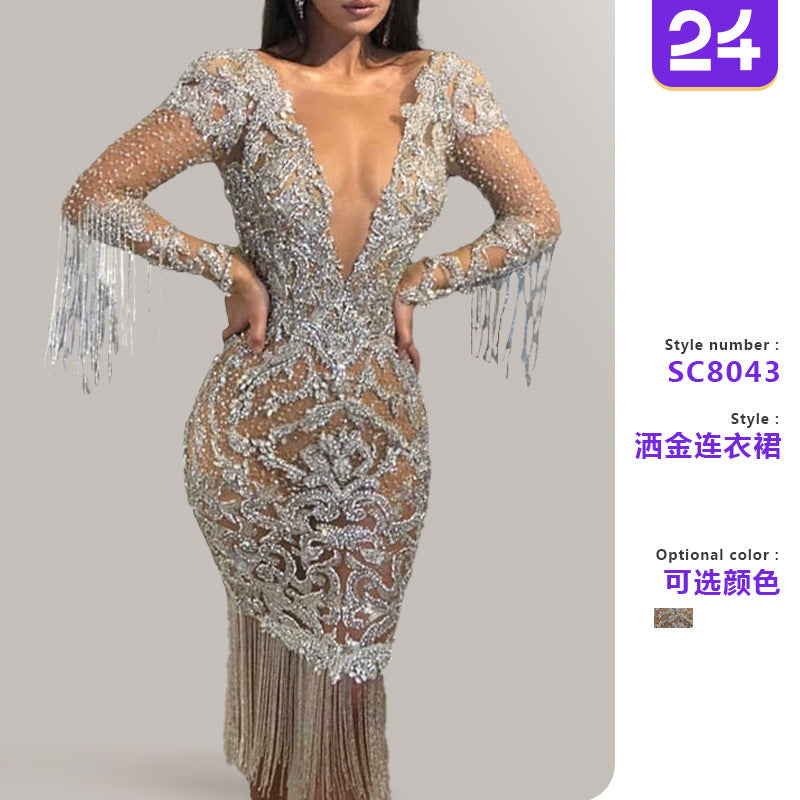 Women's Deep V-Hollow Sleeved Gold Sprinkled Long Skirt Dress
