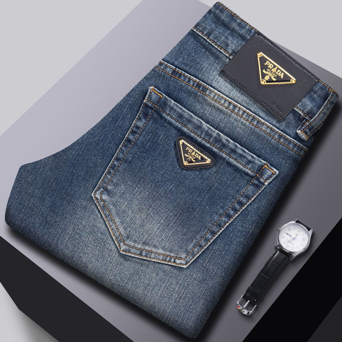 European Slim Fit Elastic Feet Jeans for Men's Summer Light Print Korean ca