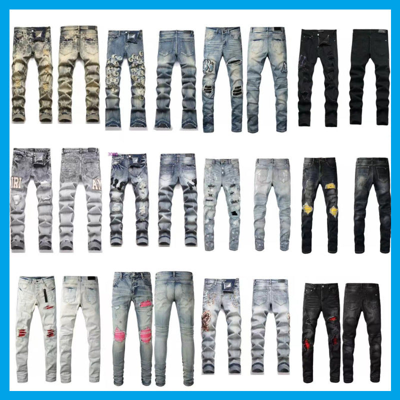 High end Four Seasons Breakage Patch Laser Burnt Pattern d2 Jeans for Men's