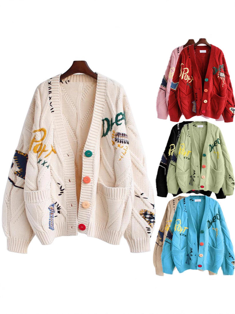 Spring Women's Sweater Warm Knitted Sweater Jack Loose Pock Embroidery Fash