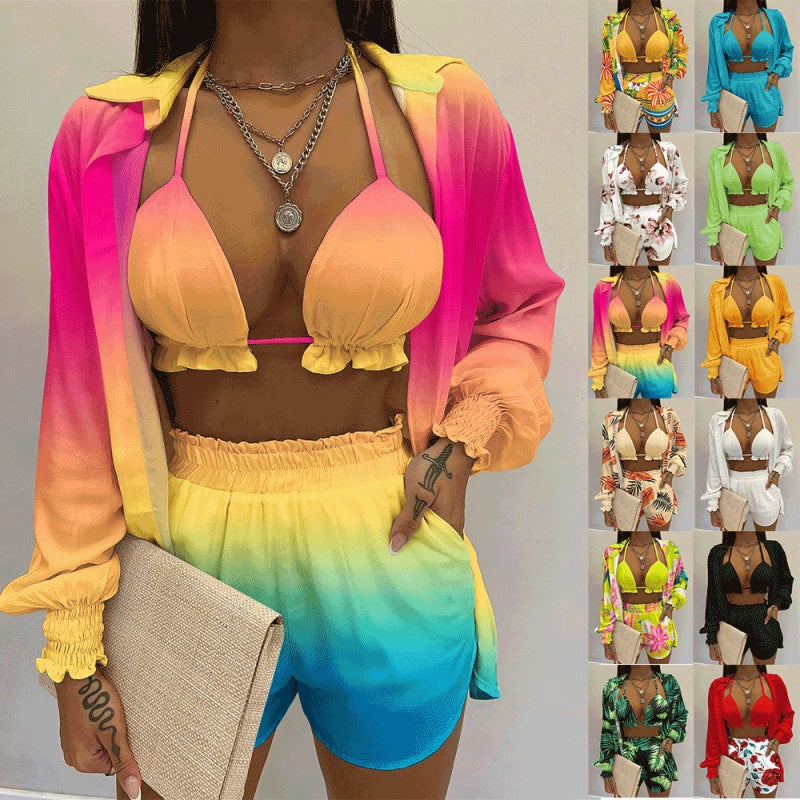 Summer Women's New Sexy Print Strap Shirt Shorts Three Piece Set for Women