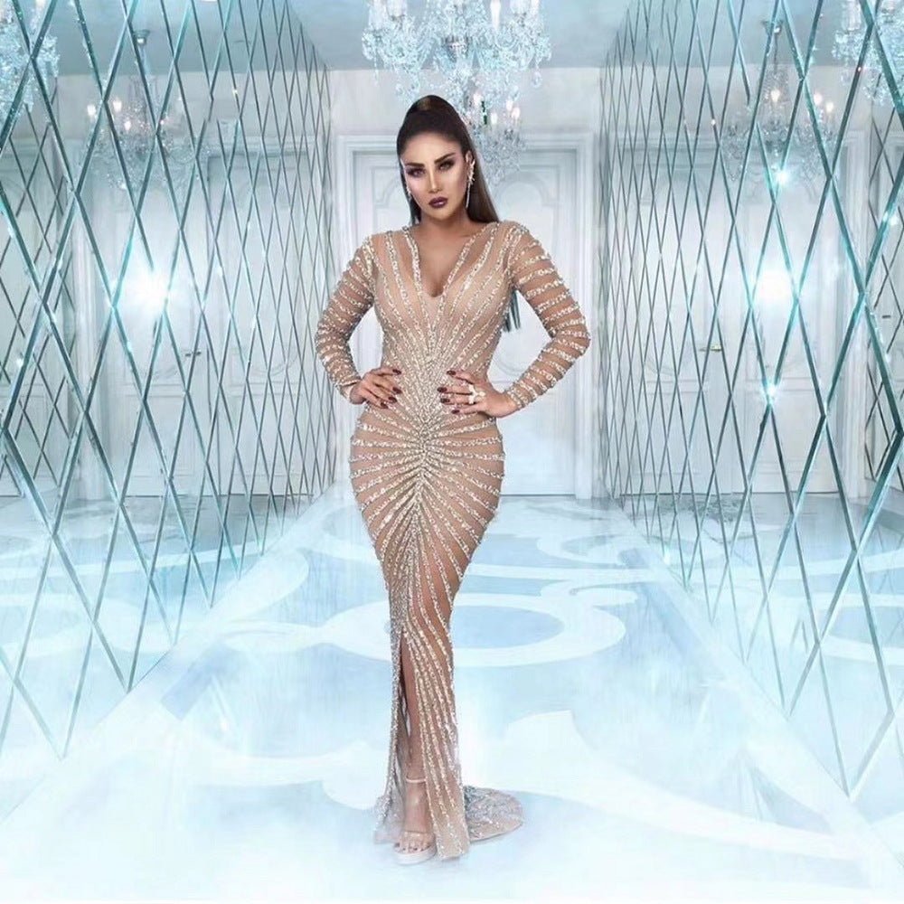 Spring New Fashionable Hot Diamond Women's Mesh Transparent Sleeve Split Lo