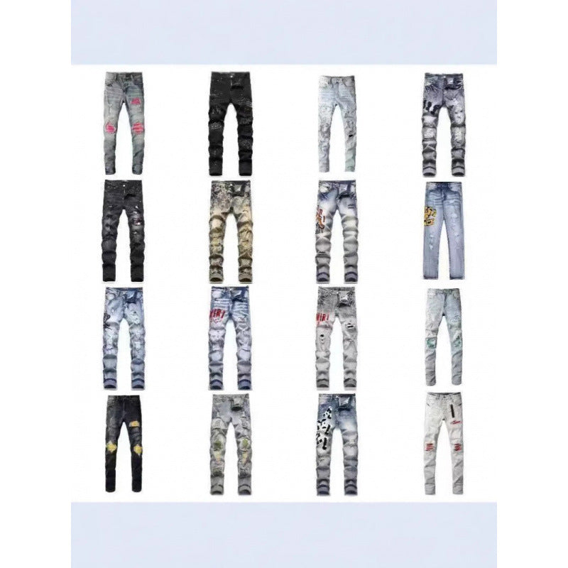 Fashion Men's Pants Korean Style Jeans Washed with Cat Whisker Holes Colorf