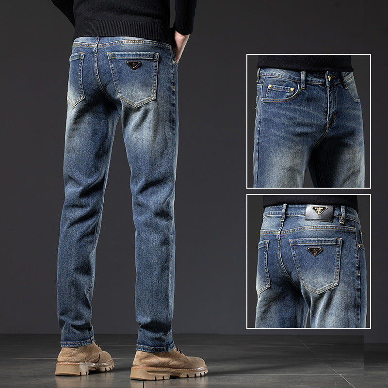European Slim Fit Elastic Feet Jeans for Men's Summer Light Print Korean ca