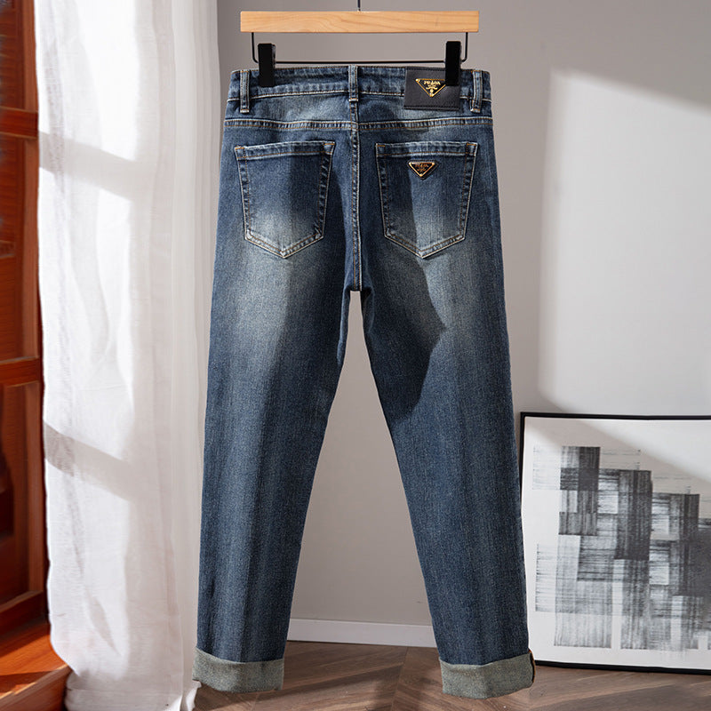 European Slim Fit Elastic Feet Jeans for Men's Summer Light Print Korean ca