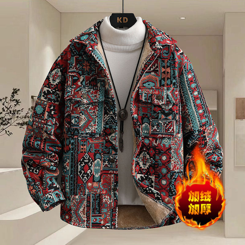 autumn and winter new men's loose fitting shirt with ethnic style jacquard