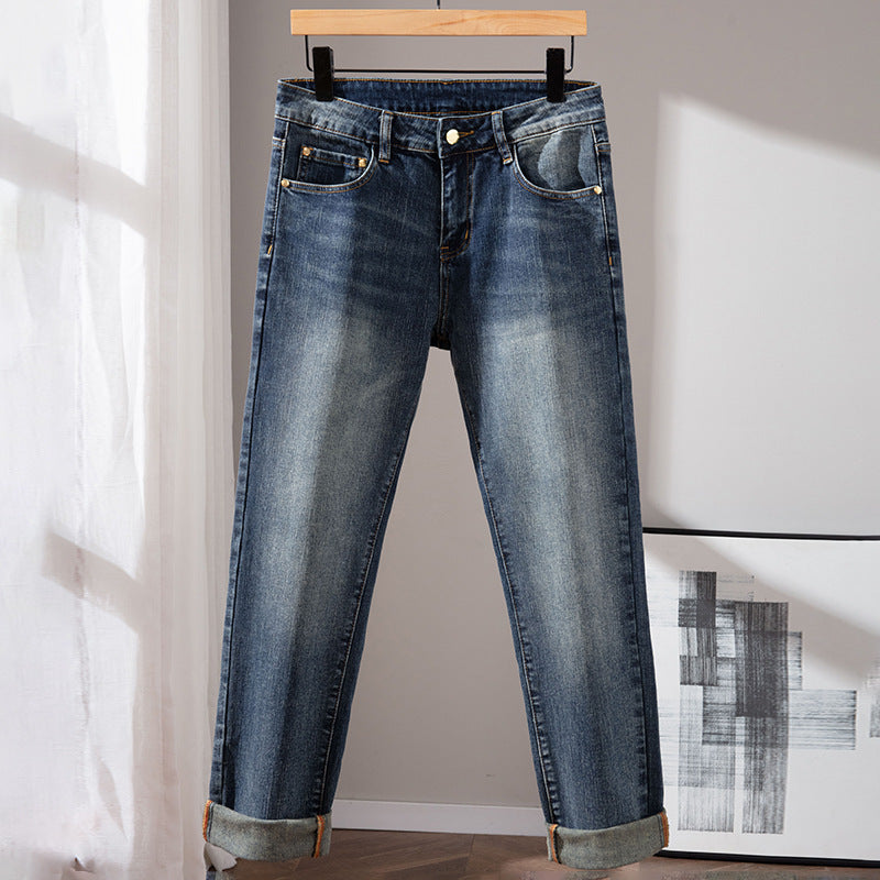 European Slim Fit Elastic Feet Jeans for Men's Summer Light Print Korean ca