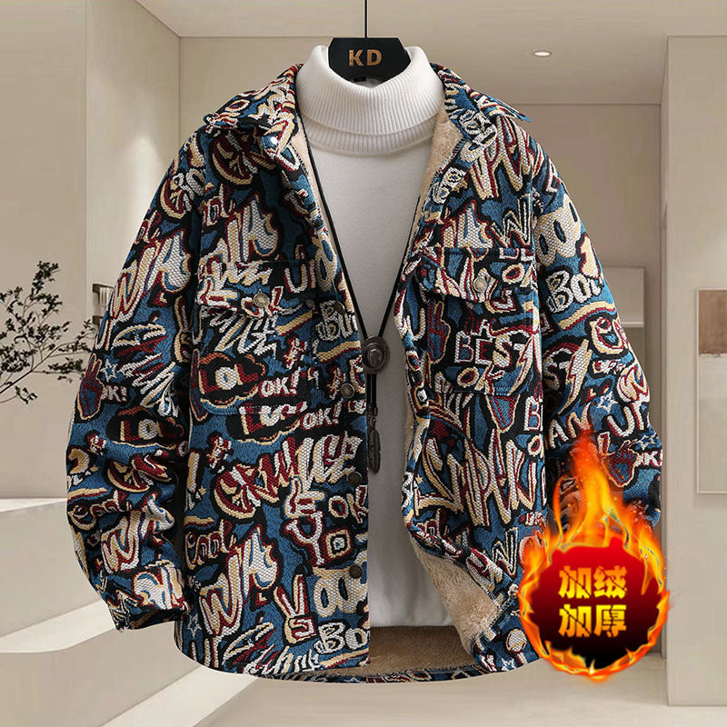 autumn and winter new men's loose fitting shirt with ethnic style jacquard