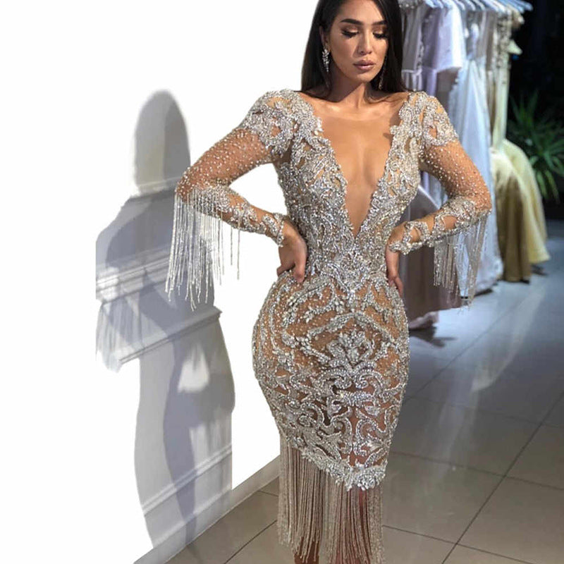 Women's Deep V-Hollow Sleeved Gold Sprinkled Long Skirt Dress