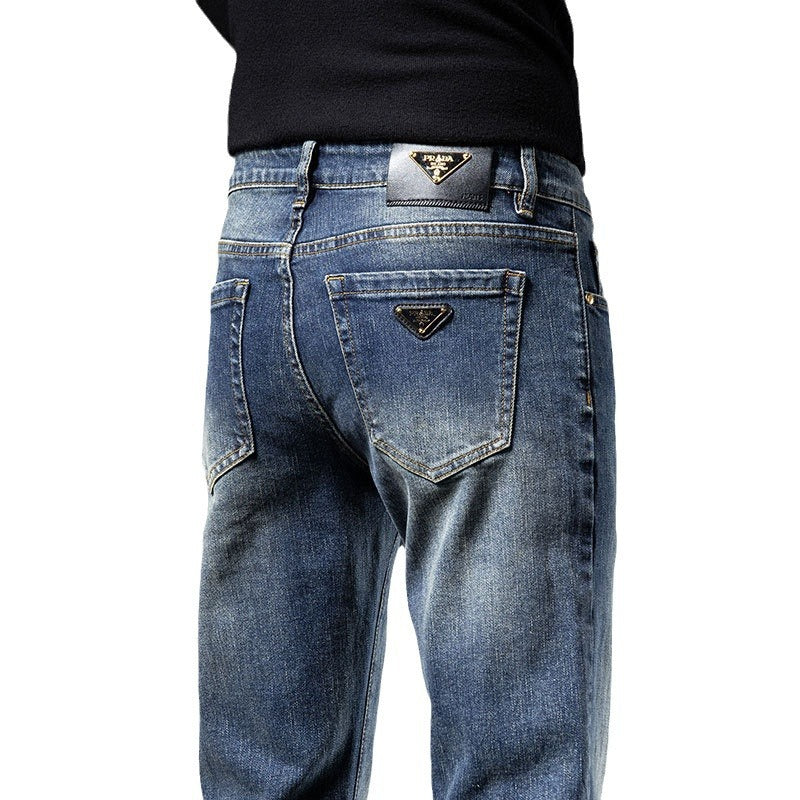 European Slim Fit Elastic Feet Jeans for Men's Summer Light Print Korean ca