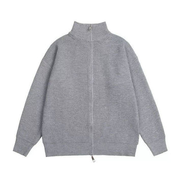 Ribbed Knit Zip-Up Sweater in Gray or Black with Stand Collar