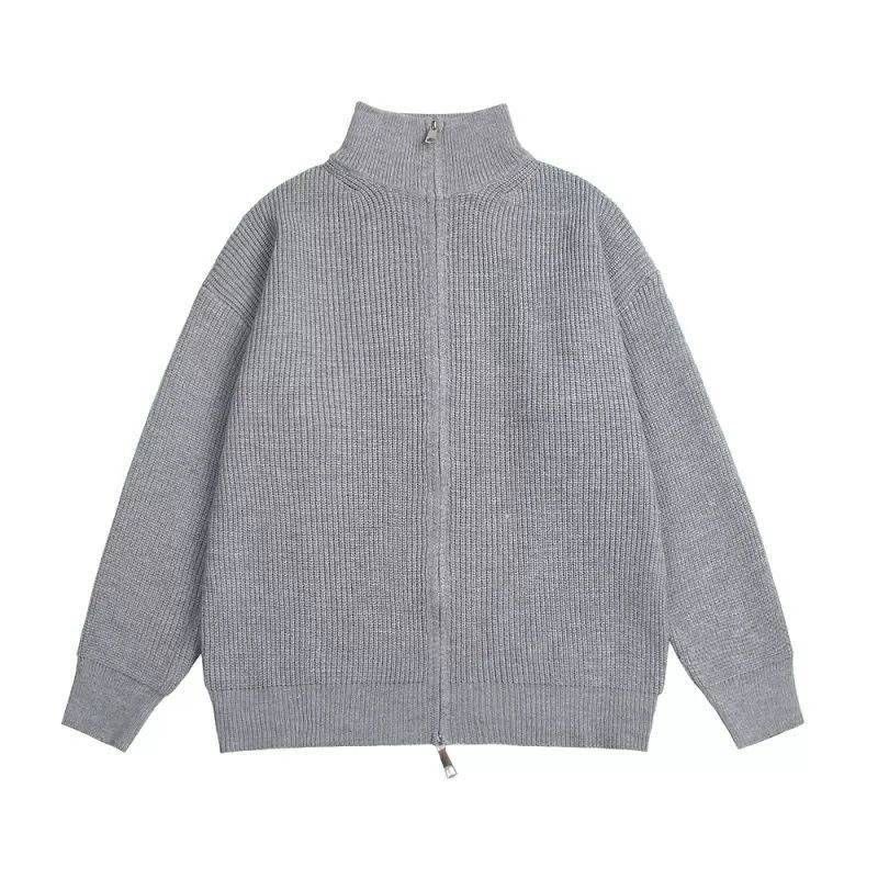 Ribbed Knit Zip-Up Sweater in Gray or Black with Stand Collar