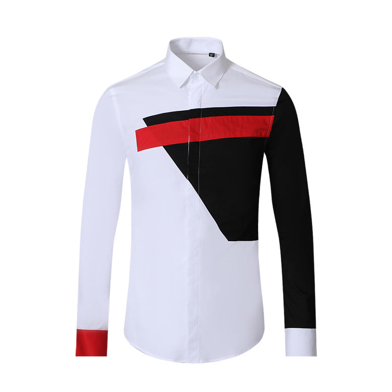 Black and White Geometric Color-Block Long-Sleeve Slim-Fit Shirt