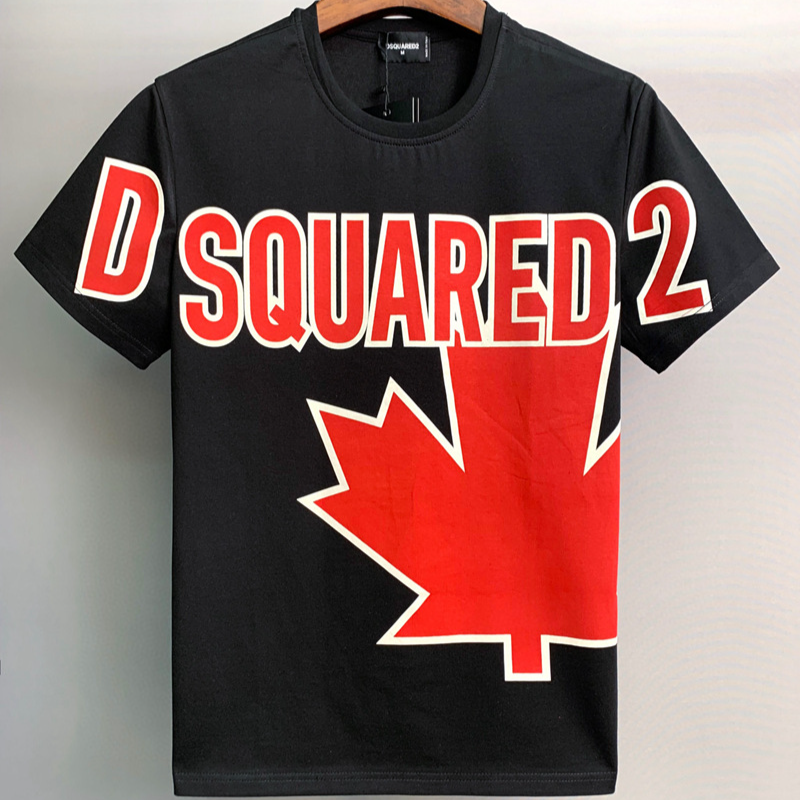 Black Red White Short-Sleeve Crewneck Cotton T-Shirt with Maple Leaf Graphic