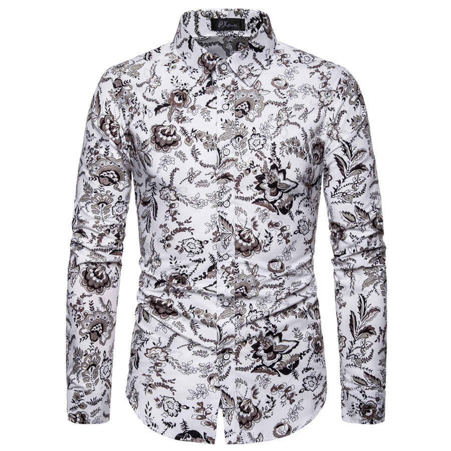 Baroque-print long sleeve shirt with high collar