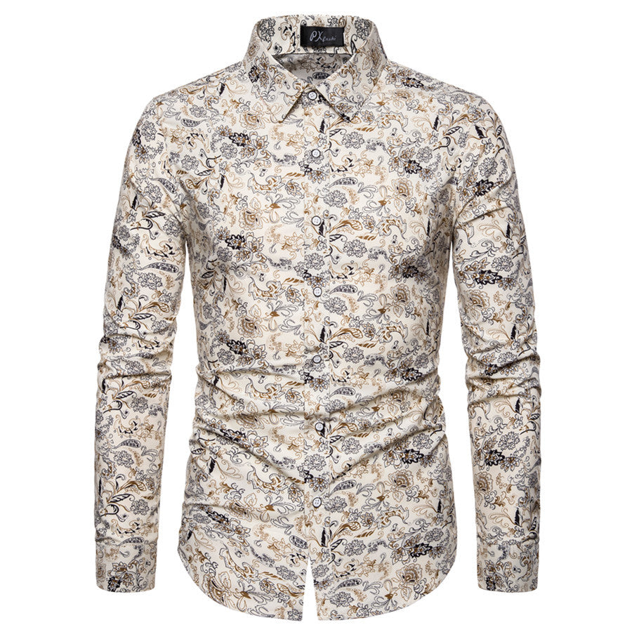 Baroque-print long sleeve shirt with high collar