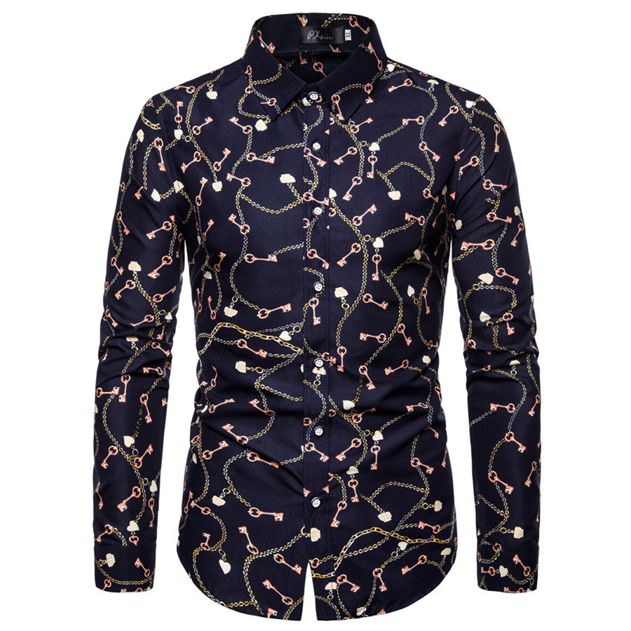 Baroque-print long sleeve shirt with high collar