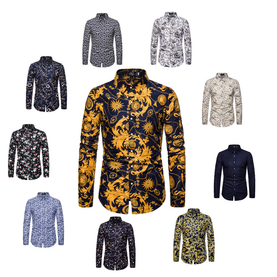 Baroque-print long sleeve shirt with high collar