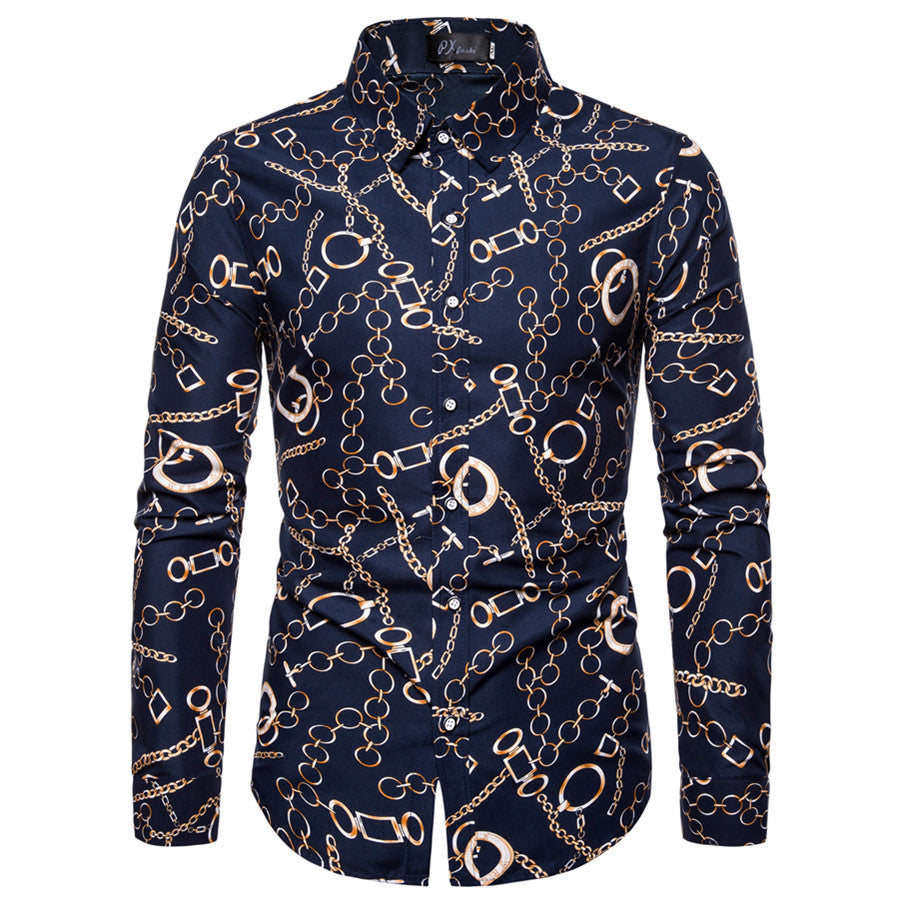Baroque-print long sleeve shirt with high collar