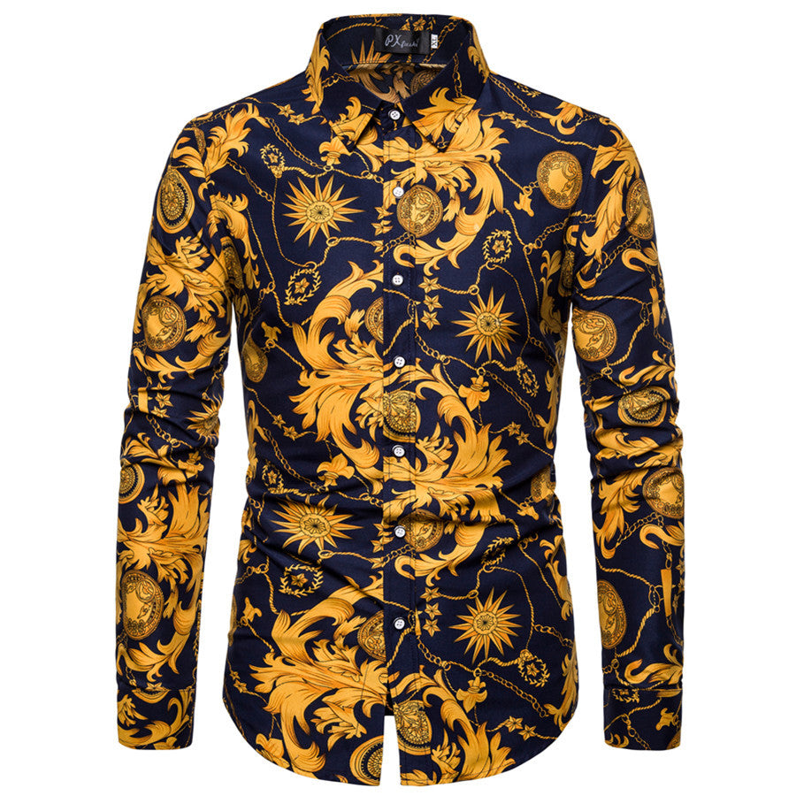 Baroque-print long sleeve shirt with high collar