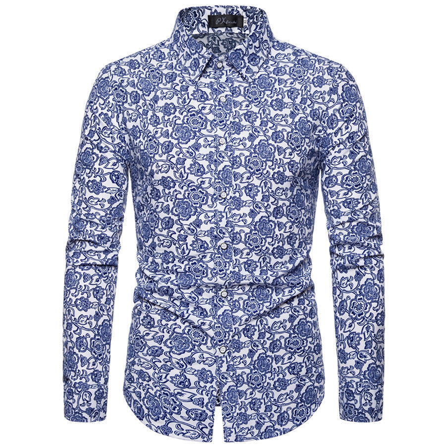 Baroque-print long sleeve shirt with high collar