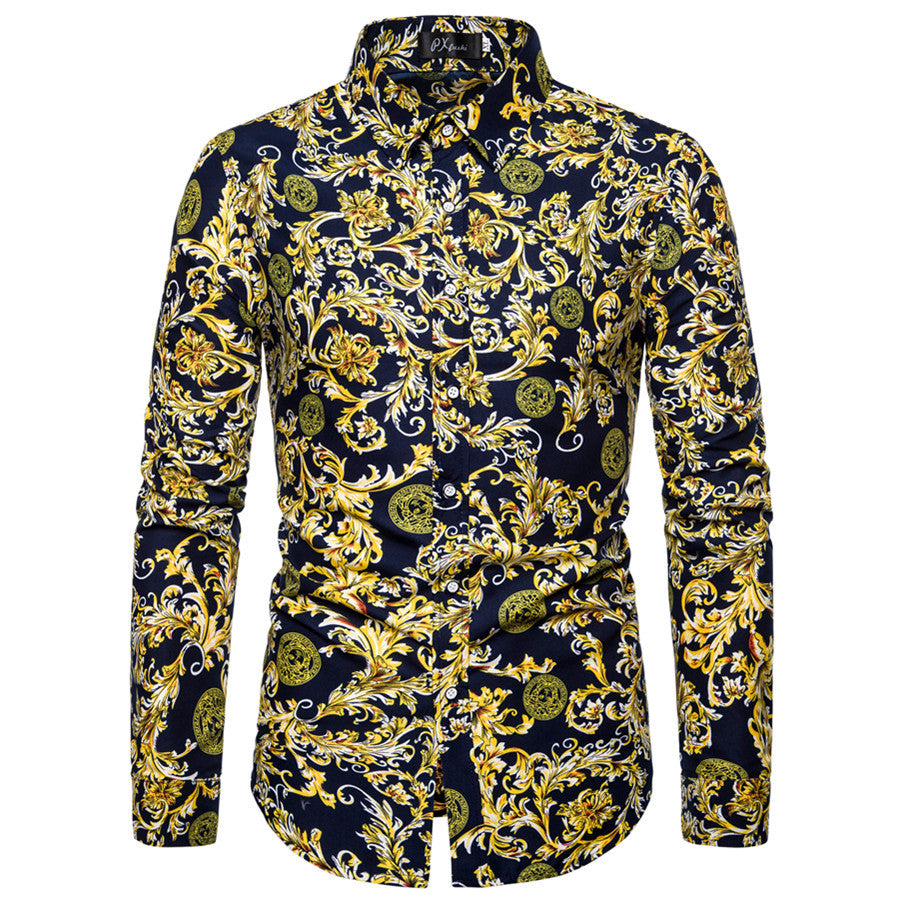 Baroque-print long sleeve shirt with high collar
