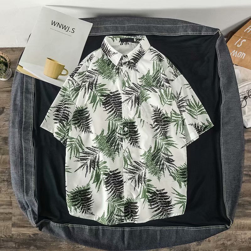 Casual short-sleeve jacquard shirt with passport stamp print