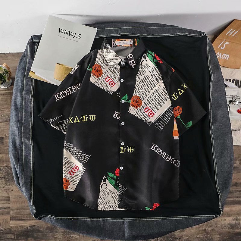 Casual short-sleeve jacquard shirt with passport stamp print