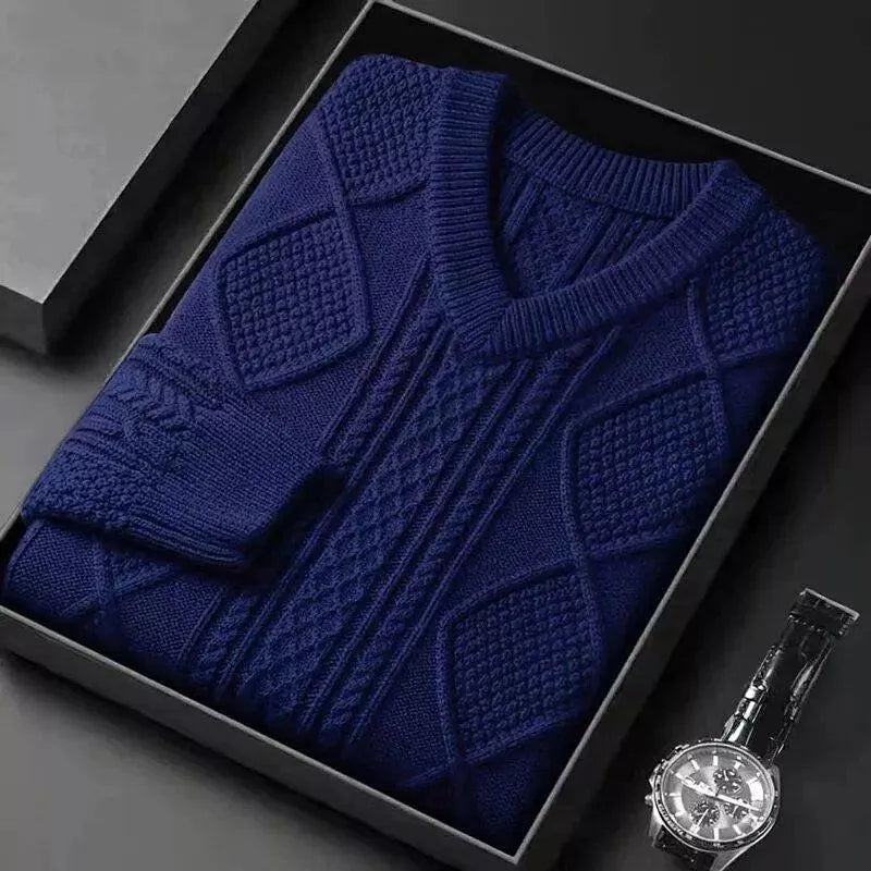 Extra Thick Cable Knit V-Neck Wool Blend Sweater