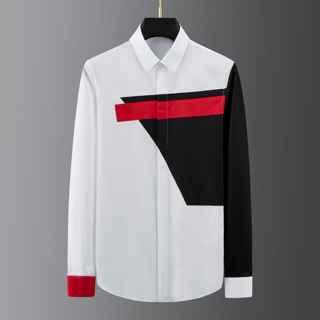 Black and White Geometric Color-Block Long-Sleeve Slim-Fit Shirt