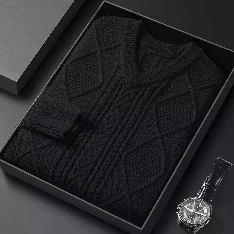 Extra Thick Cable Knit V-Neck Wool Blend Sweater