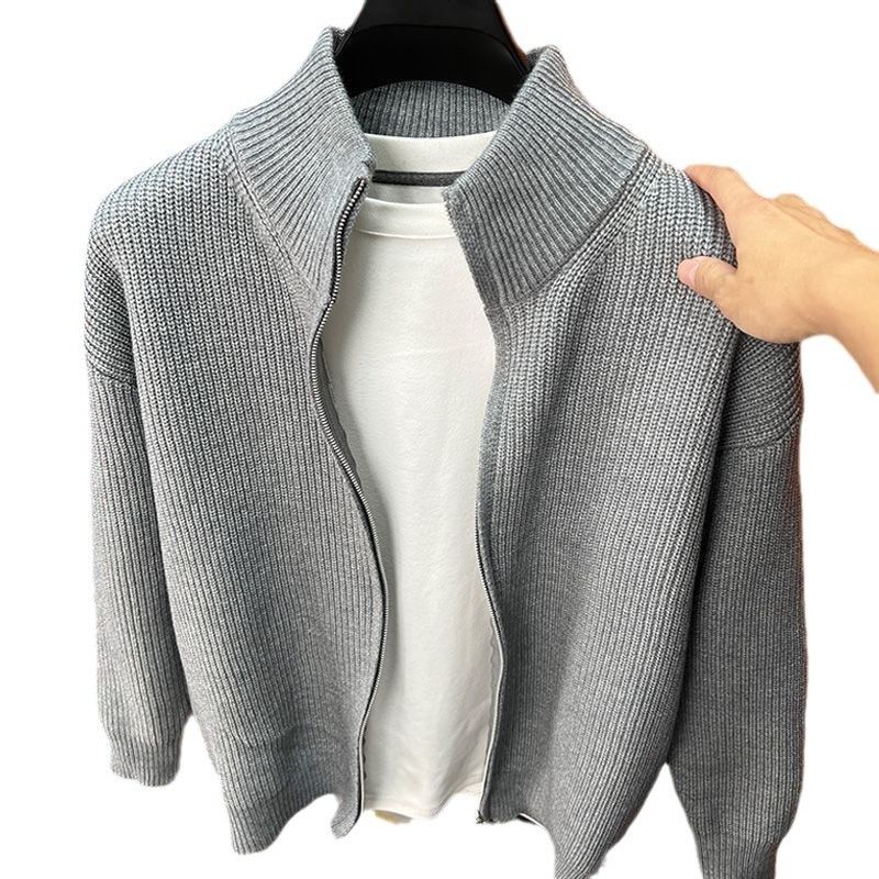 Ribbed Knit Zip-Up Sweater in Gray or Black with Stand Collar