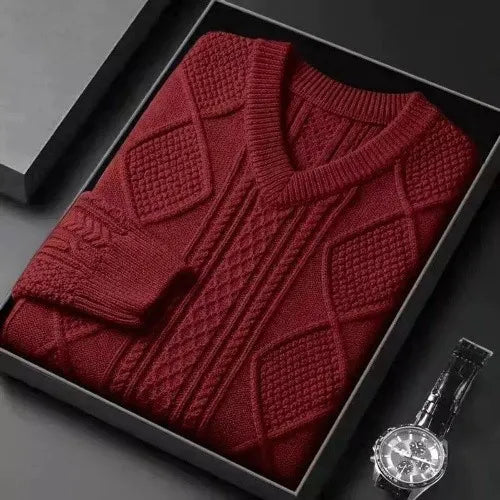 Extra Thick Cable Knit V-Neck Wool Blend Sweater