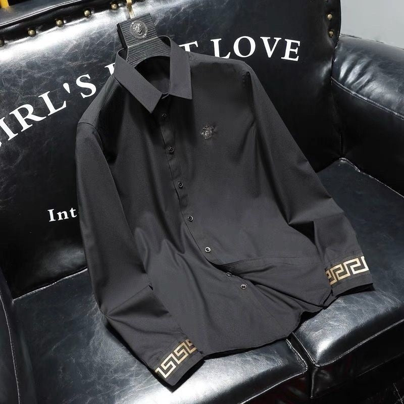 Black long sleeve button-up shirt with Greek key cuffs