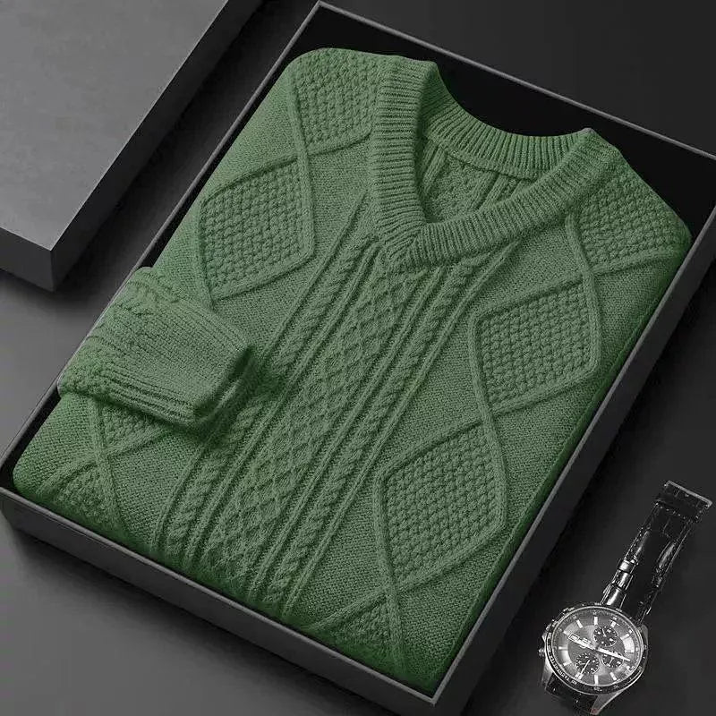 Extra Thick Cable Knit V-Neck Wool Blend Sweater