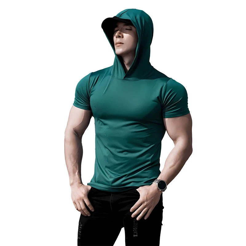 Hooded Solid-color Quick-dry Stretch Slim-fit T-shirt