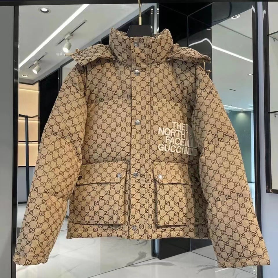 Beige and brown relaxed-fit down puffer jacket