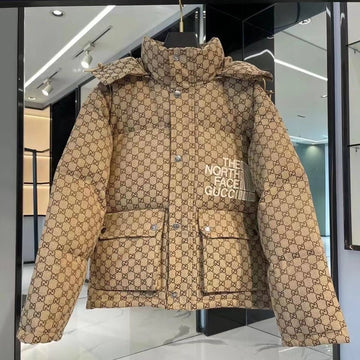 Beige and brown relaxed-fit down puffer jacket