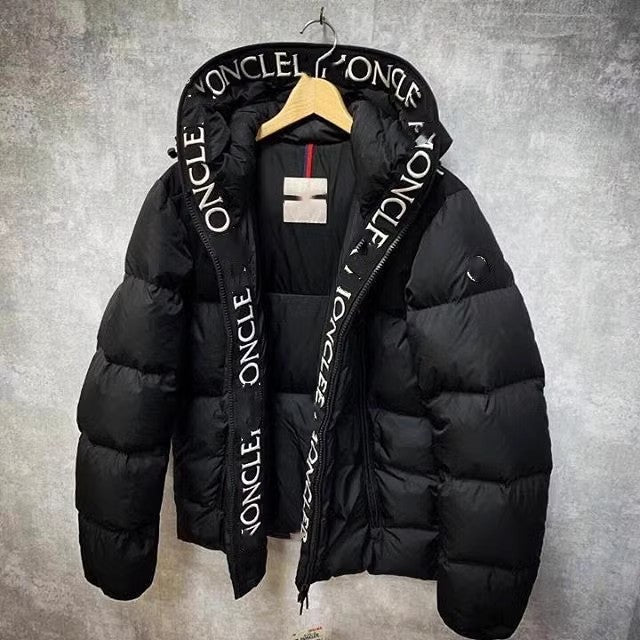 Black and white embroidered hooded puffer jacket