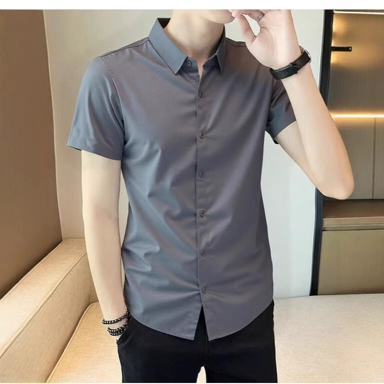 Stretch Cotton Short-Sleeve Solid Button-Down Shirt