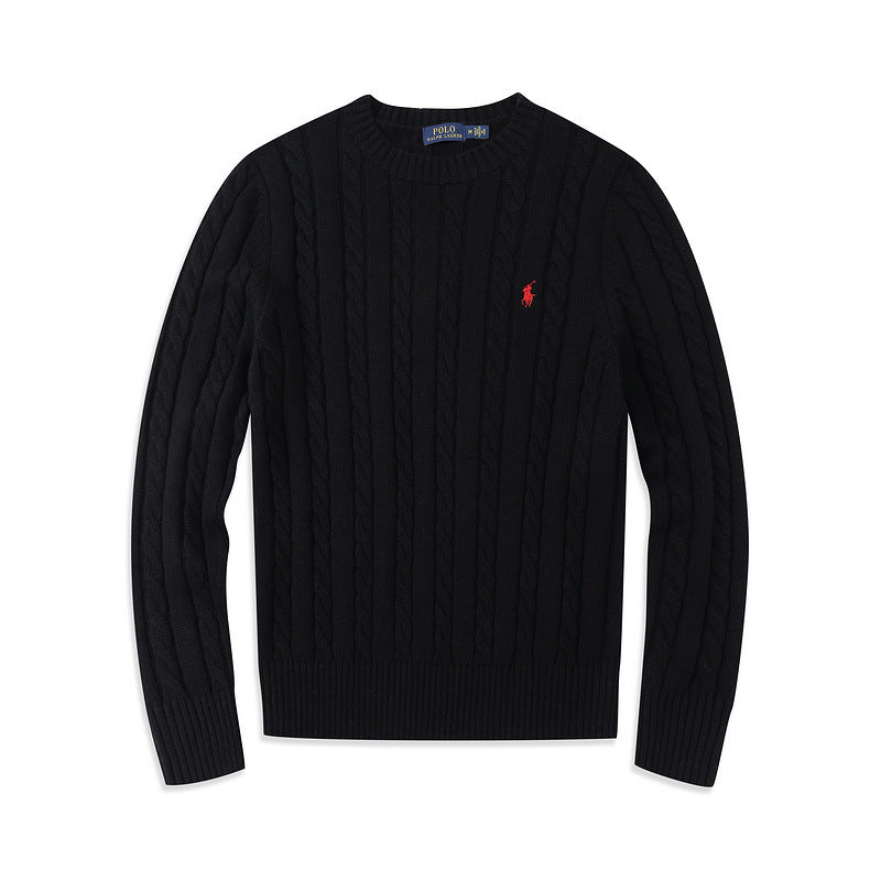 Black and Red Cable-Knit Round Neck Pullover Sweater