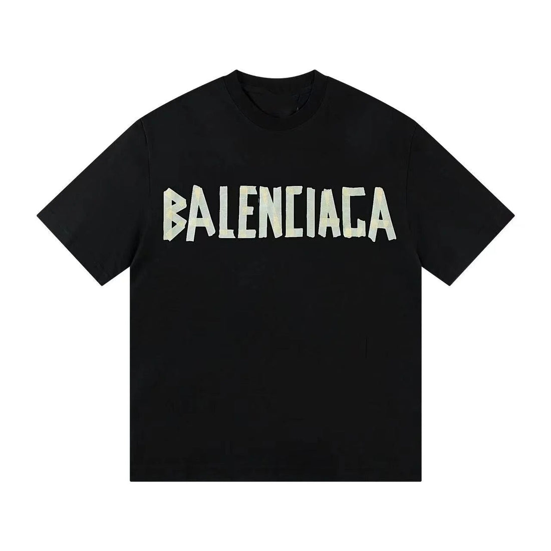 Black cotton crewneck t-shirt with distressed white graphic