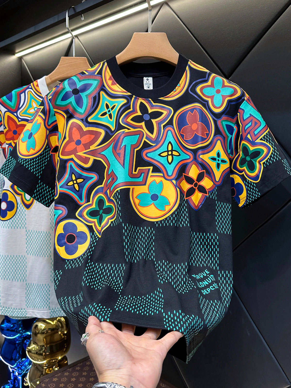 Men's Short-Sleeve Crewneck T-Shirt with Colorful Floral & Geometric Allover Print, Orange Collar Trim, Cream Base