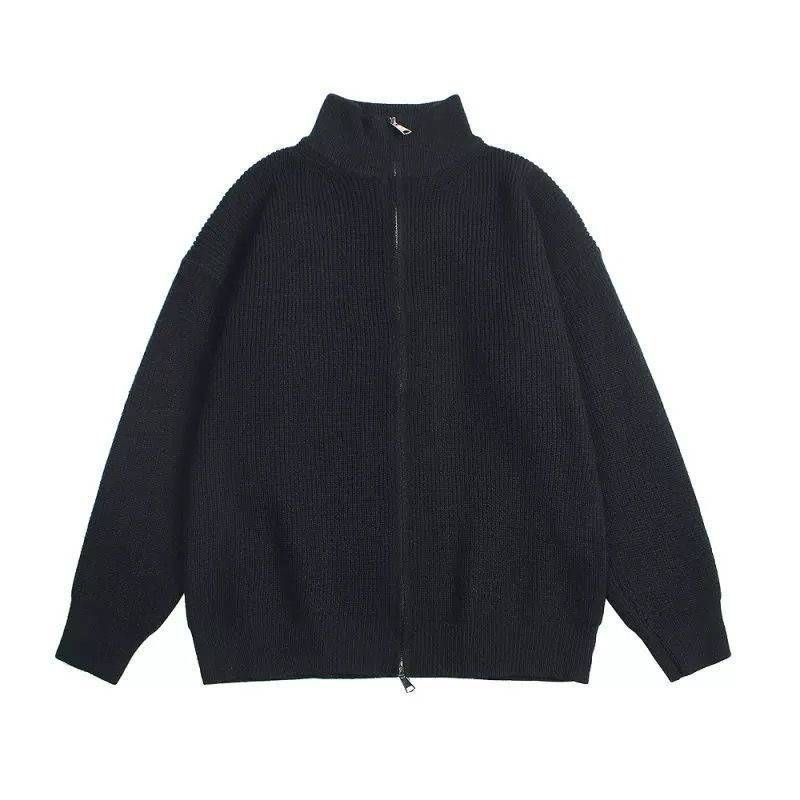 Ribbed Knit Zip-Up Sweater in Gray or Black with Stand Collar
