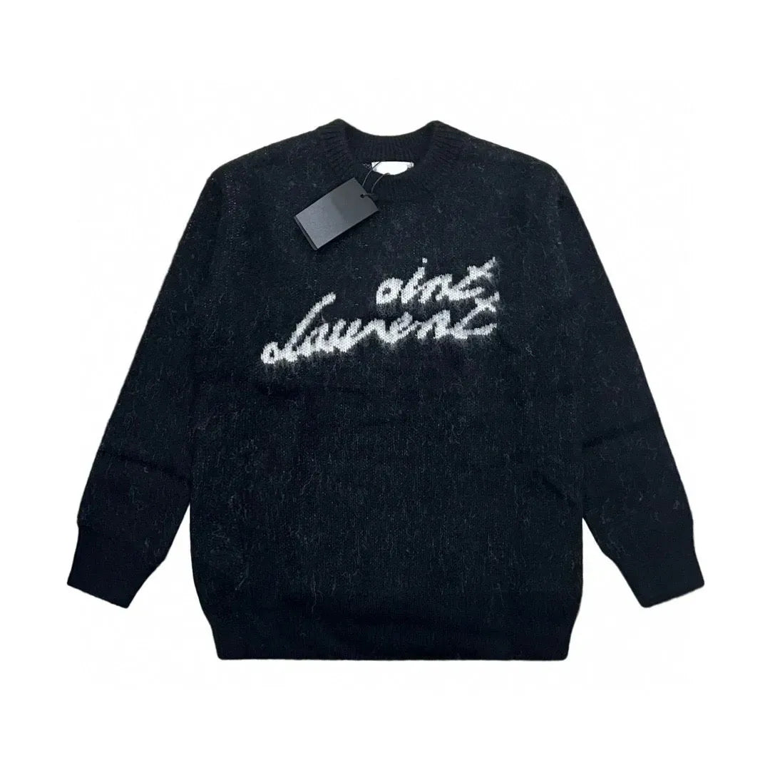 Black and White Knit Sweater with Script Print