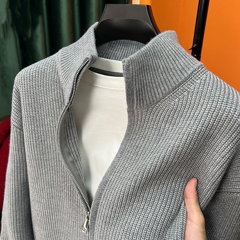 Ribbed Knit Zip-Up Sweater in Gray or Black with Stand Collar