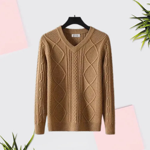 Extra Thick Cable Knit V-Neck Wool Blend Sweater