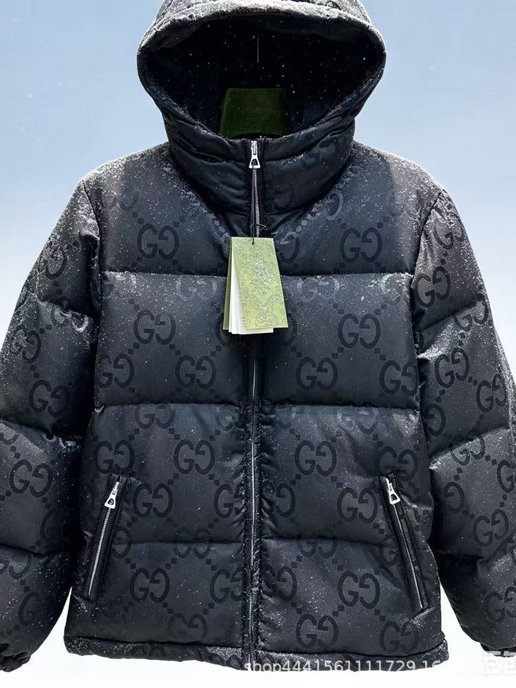 Men's Black Monogram Puffer Down Jacket with Hood, Full Zip Front and Zippered Pockets, Streetwear Couple Style