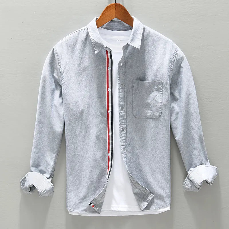 Classic long sleeve cotton oxford shirt with striped placket